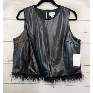 For Cynthia Black Faux Leather Feather Trim Sleeveless Crewneck Top Size Large